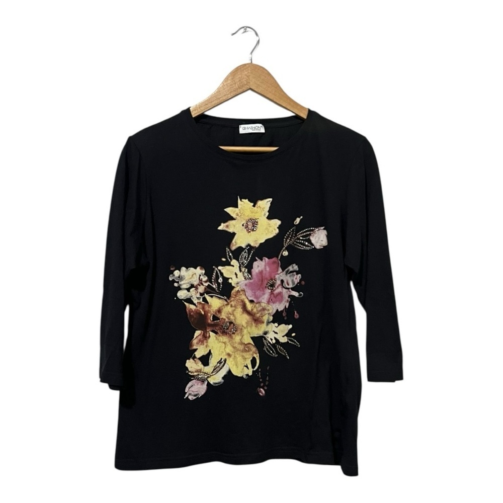 GB Fashion Made In Italy Women's Black Floral Long Sleeve Top XL 100% Cotton Art